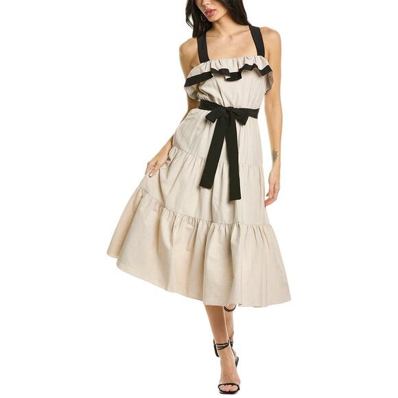 NWT Jason Wu Women's Beige Linen Ruffled Self-Tie A-Line Dress Size 12 - Picture 1 of 3